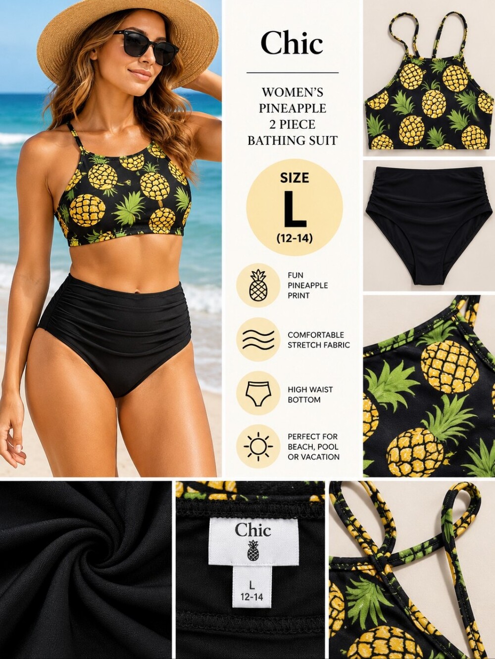 Chic Women's size large pineapple 2 peice bathing suit #37
